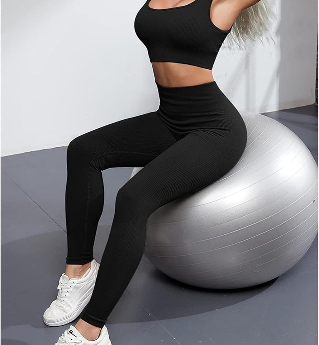 4 PCS Ribbed Workout Sets for Women Gym Sets Woman Pilates Outfits